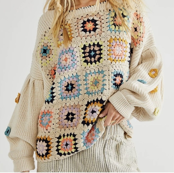 Free People Granny Square crochet oversized sweater size Large - Picture 2 of 13